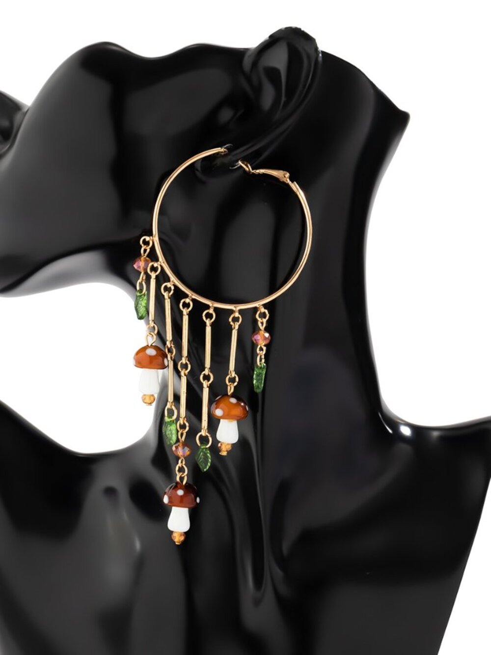 Cottagecore Long Tassel Hoop Earrings Brown Mushroom & Leaf Crystal Dangle Jewel